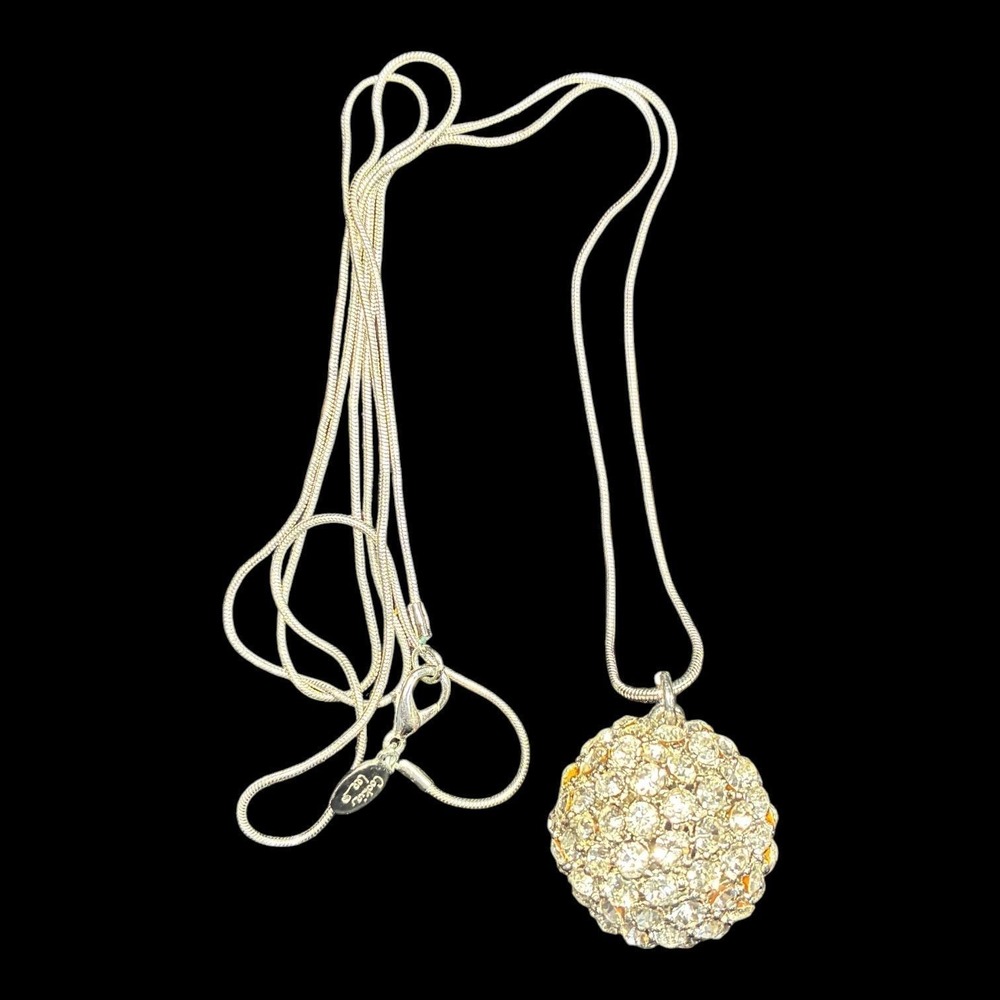 Vintage Cookie Lee Crystal Disco Ball Pendant Necklace Silver Tone 35" Signed